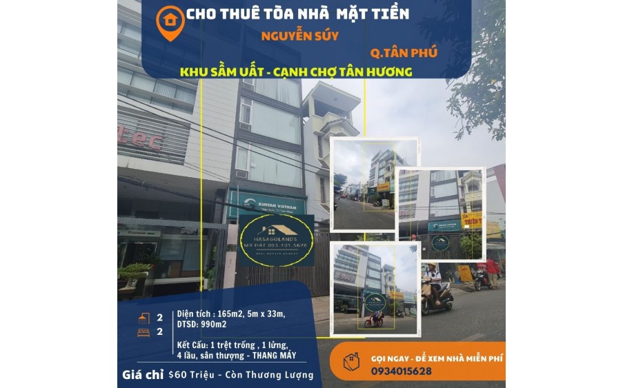 Cho thuê Tòa nhà Mặt Tiền Nguyễn Súy 165m2, 5 Lầu, gần chợ TÂN HƯƠNG